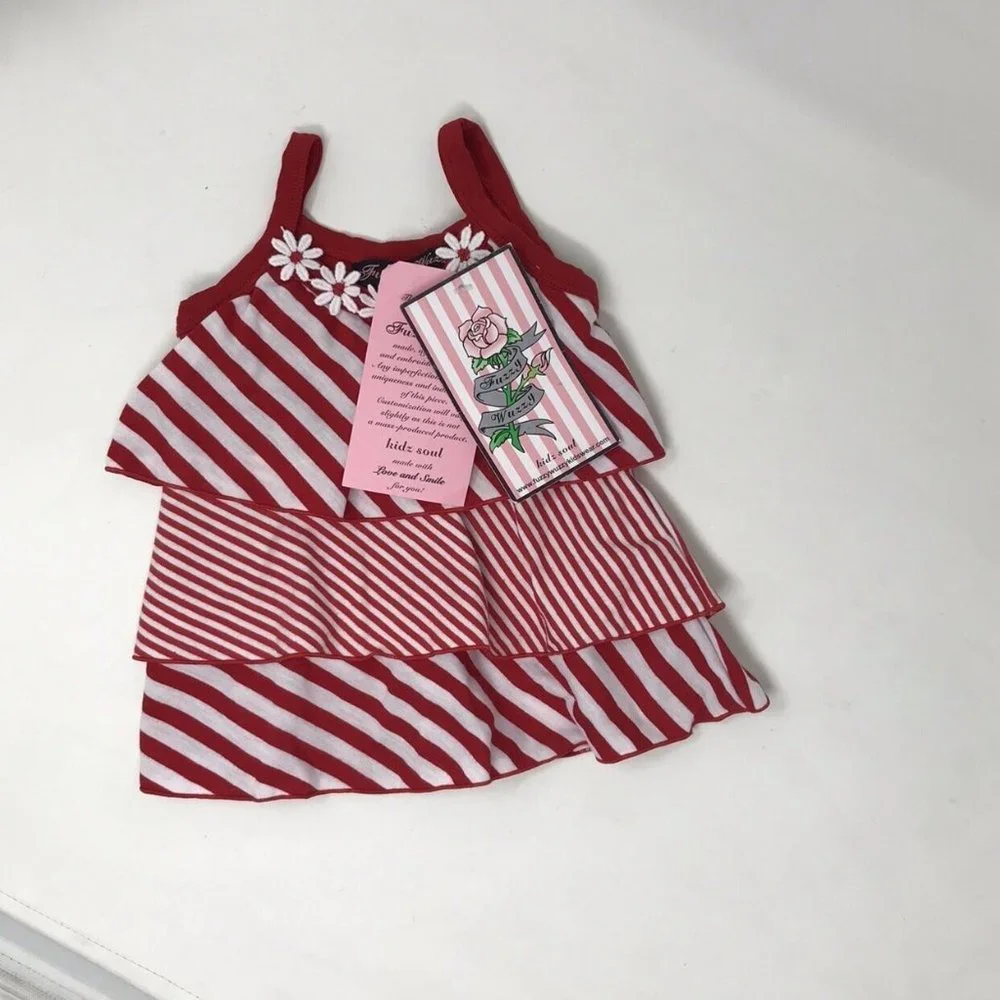 Fuzzy Wuzzy Baby Girls Red White Striped Ruffle Sleeveless Dress NEW